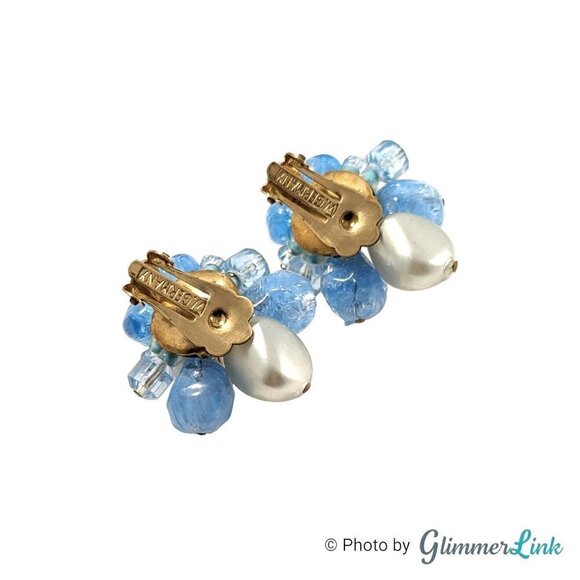 VTG 50's W Germany Blue & Gray Lucite Faux Pearl Beaded Cluster Clip On Earrings - Picture 6 of 7
